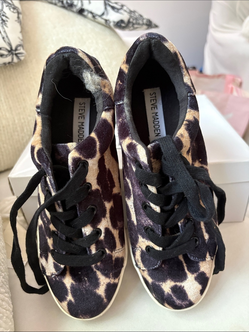 Steve Madden Leopard Velvet Lace-Up Sneakers - Black & Tan